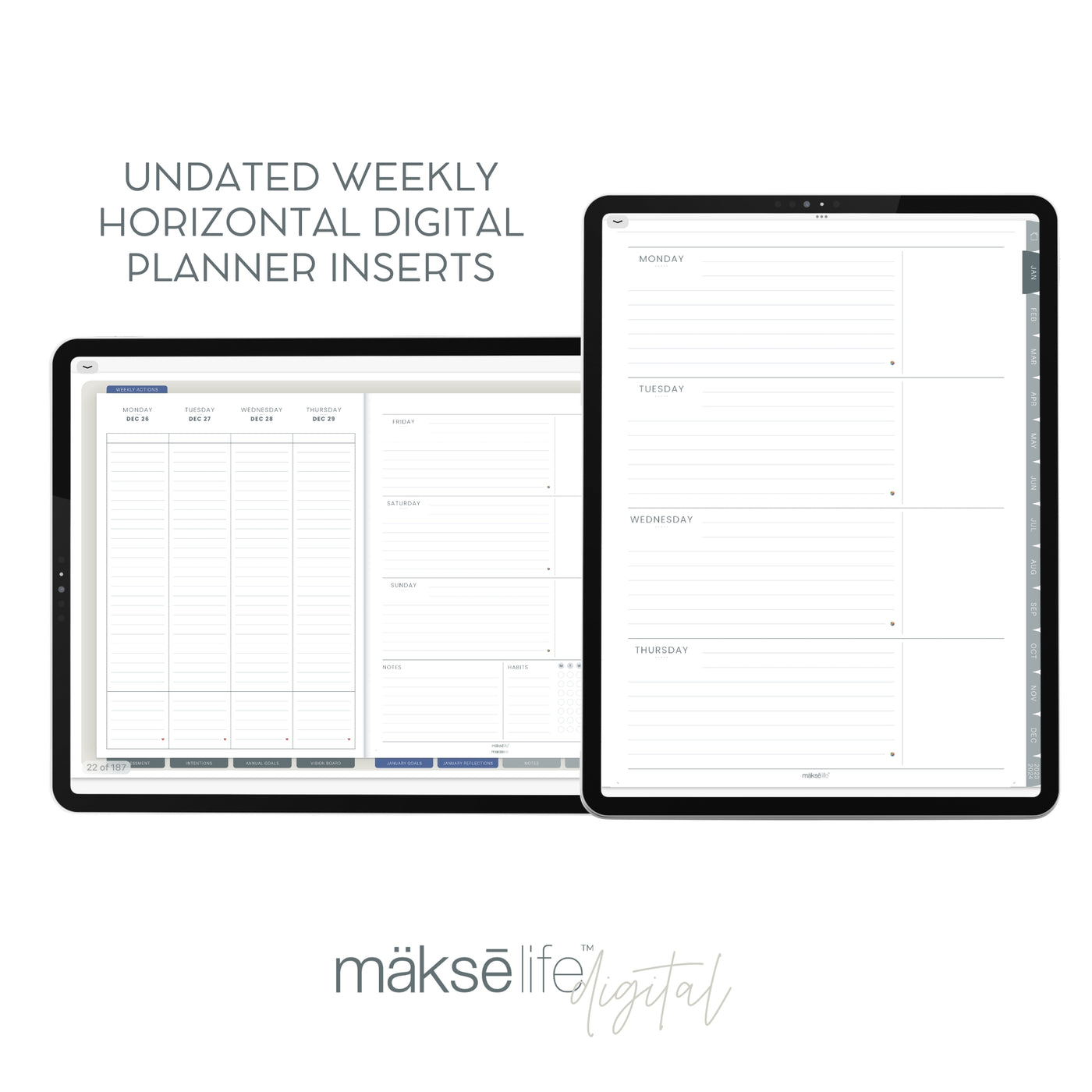 Digital Planning Inserts - Undated Horizontal Weekly Inserts