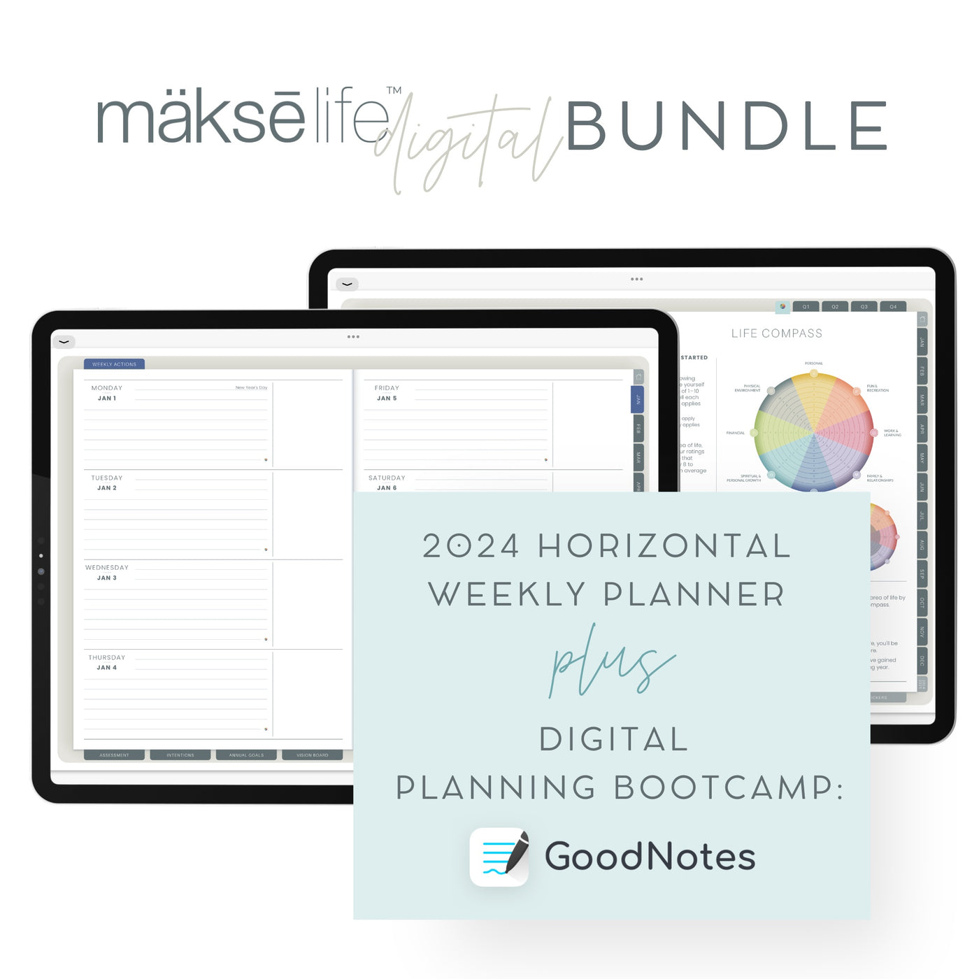 Digital Planning Bundle: iOS/Goodnotes + Digital Horizontal Weekly Planner