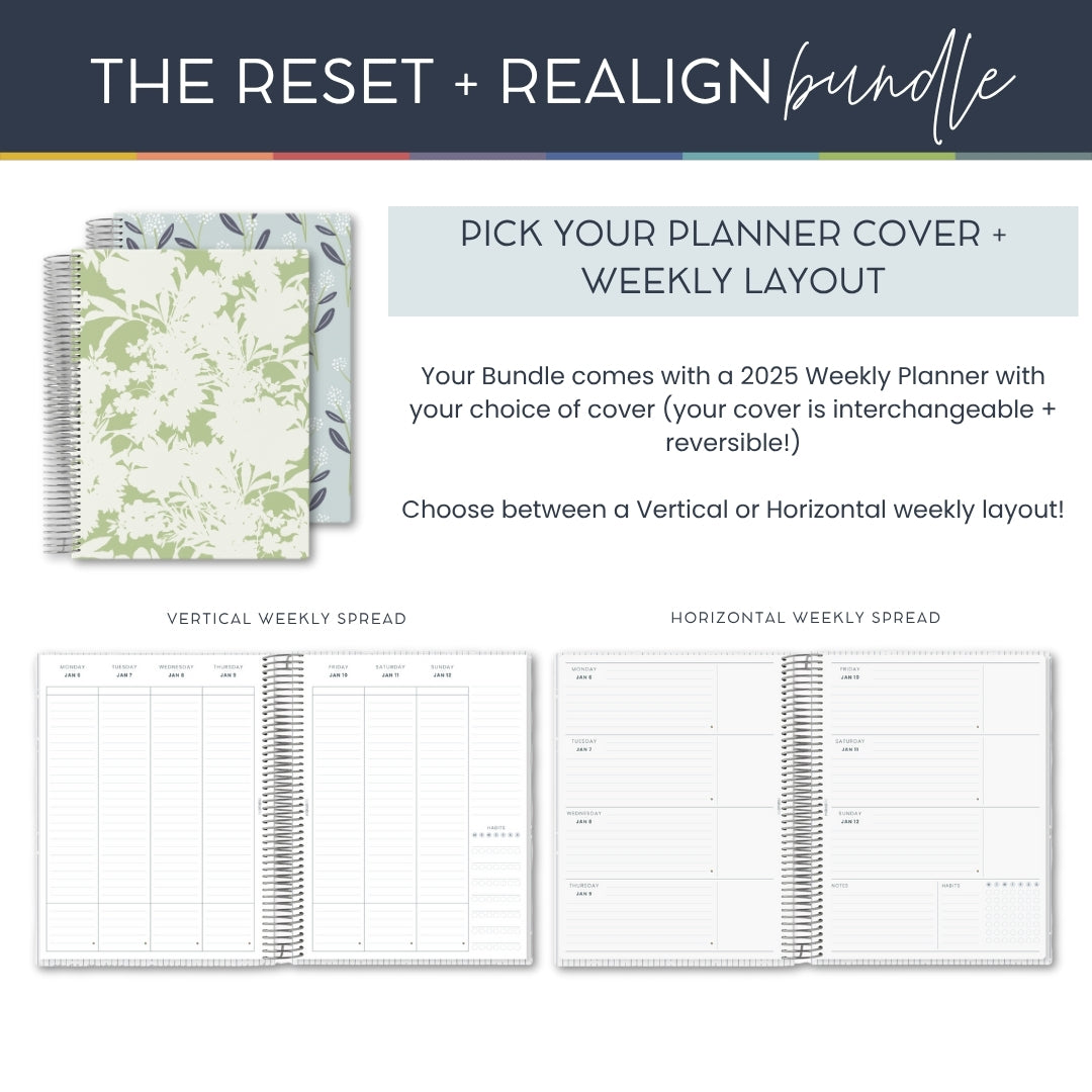 Reset + Realign Bundle (Spring Meadow) – 2025 Goal-Setting Weekly Planner + Digital Life Reset Workbook