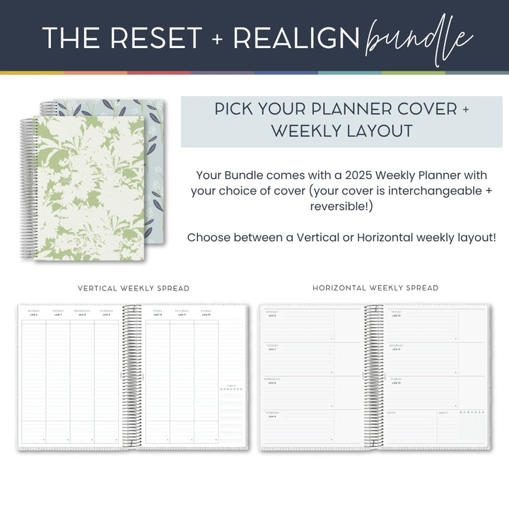 Reset + Realign Bundle (Spring Meadow) – 2025 Goal-Setting Weekly Planner + Digital Life Reset Workbook